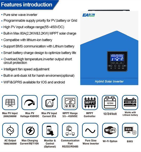 Гібридний сонячний інвертор EASUN POWER 2.2kW 12V ISolar-SMH-II-2.2KW 567 фото