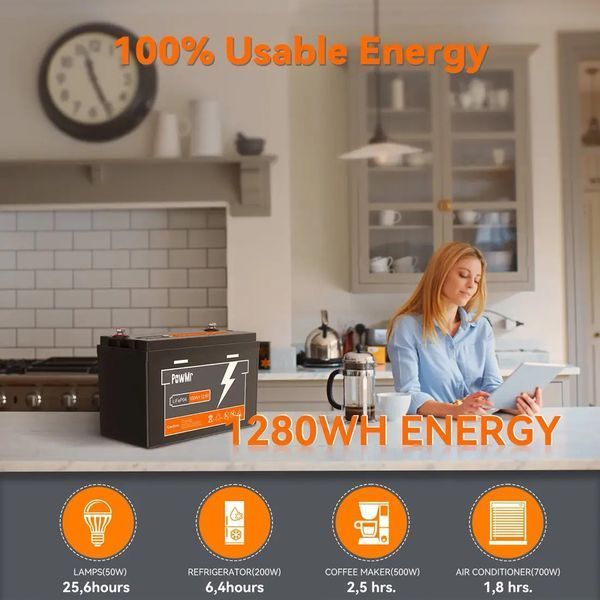 Акумулятор PowMr 100AH 12.8V (1200W*h) LiFePO4 (для будинку, котла, сонячних батарей) 3243242 фото
